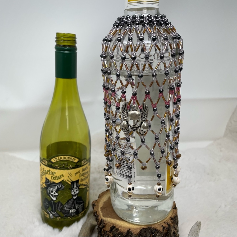 Beaded Wine Bottle Cover with Skulls Handmade